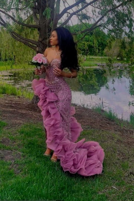 Sexy Mermaid Ruffles Slit Long Evening Gown Formal Prom Dress - Fashionpara