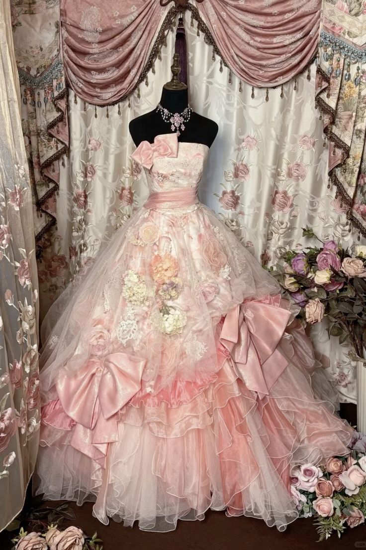Vintage Light Pink Ball Gown Strapless Floral Layered Organza Prom Dress 16th Birthday Dress - Fashionpara