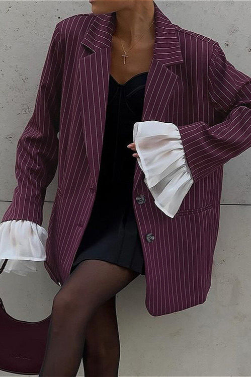 Lace Striped Flared Sleeve Blazer Coat for Elegant Style