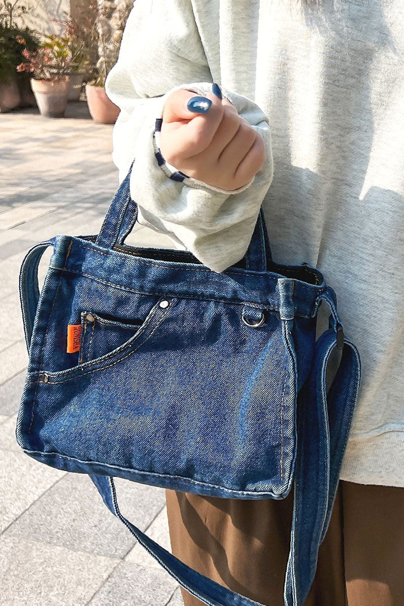 Letter Detail Denim Square Bag - Fashionpara