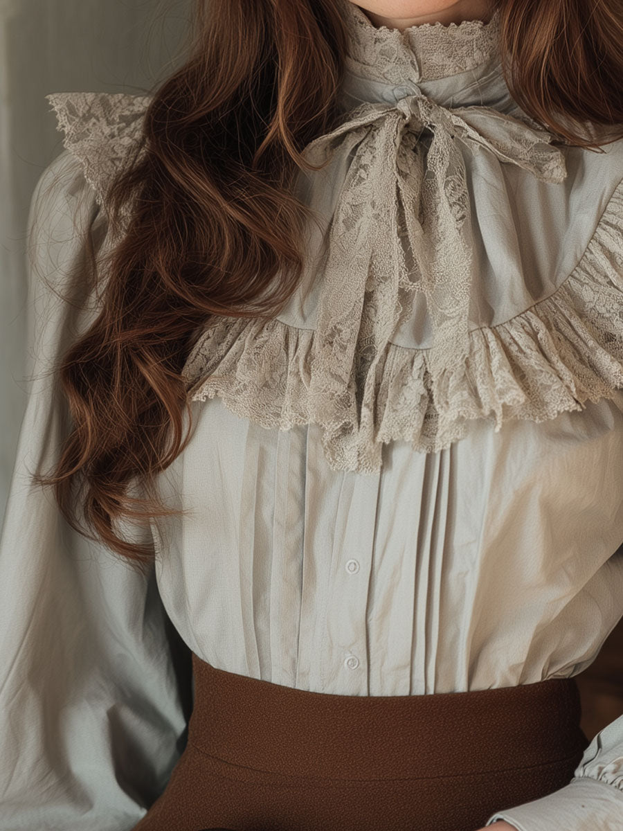 Elegant Puff Sleeve Lace Patchwork Cotton Blouse - Fashionpara