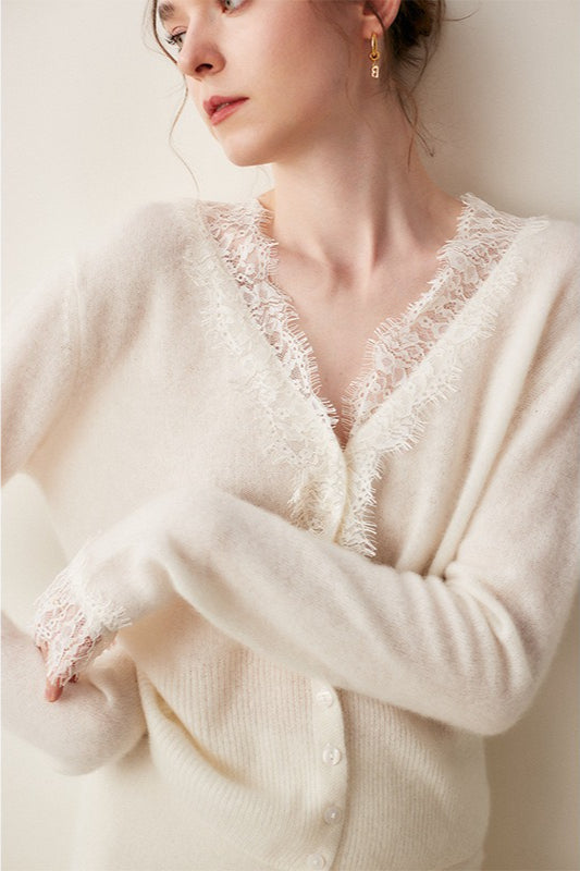 Luxe Cashmere V-Neck Cardigan with Elegant Lace Trim