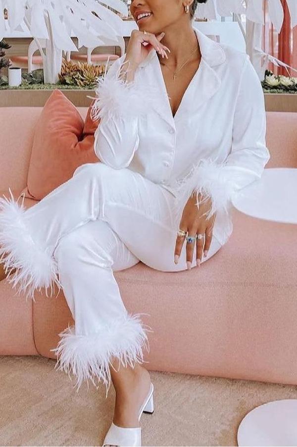 Solid Color Lapel Feather Trousers Two-piece Suit - Fashionpara