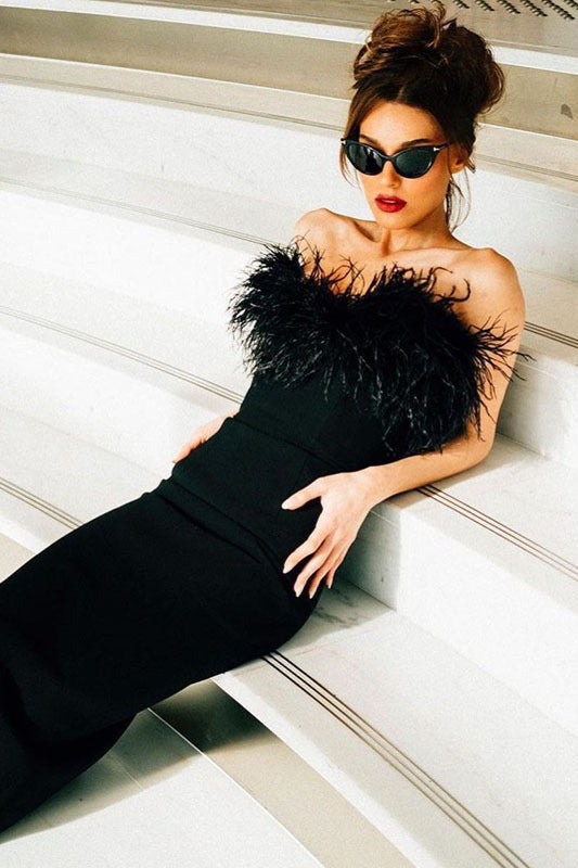 Feather Trim Strapless Sheath Dress 8