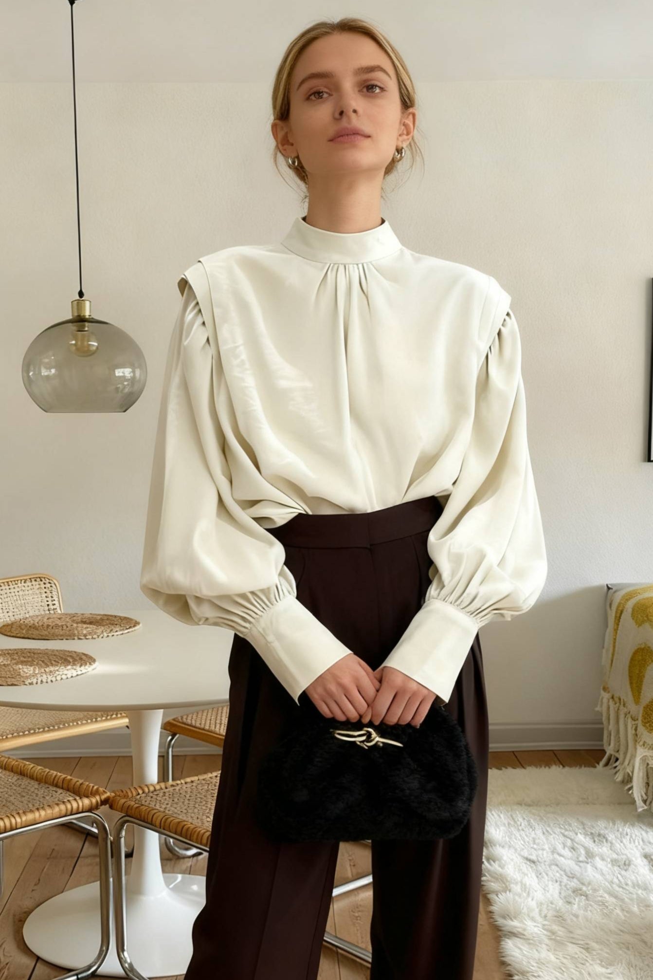 Black Lantern Sleeve Button-Up Blouse - Fashionpara