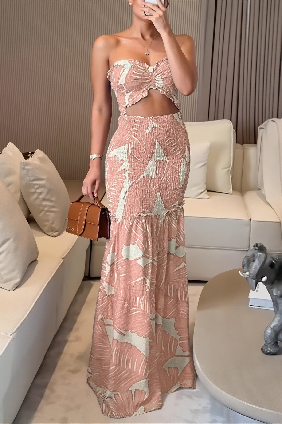 Tropical Print Bandeau Top and Maxi Skirt Set