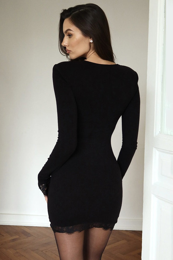 Lace Trim Long Sleeve V-Neck Bodycon Mini Dress 4
