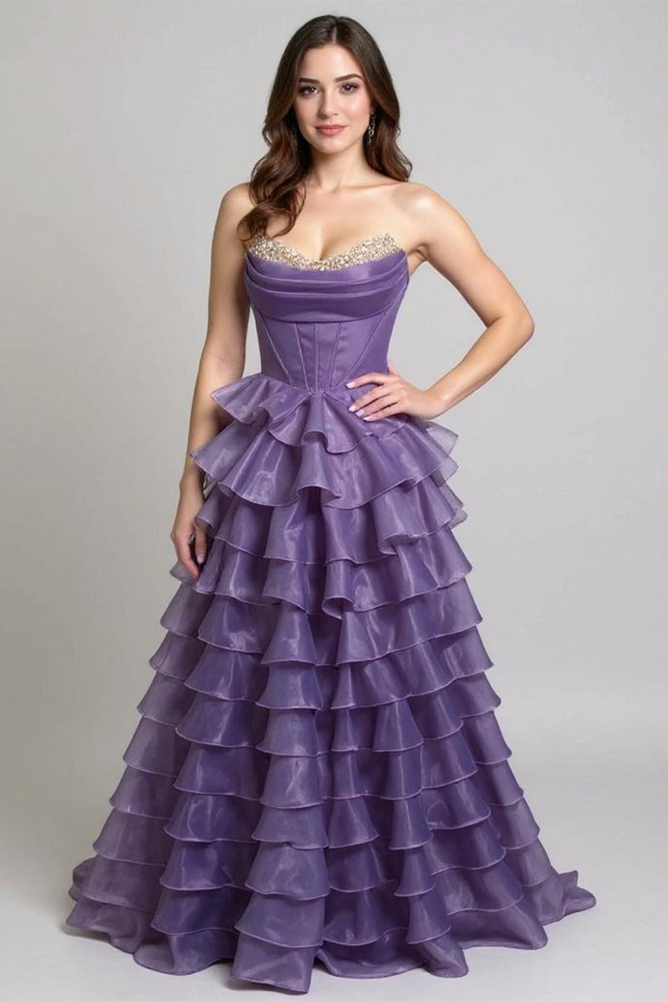 Strapless Sweetheart Beaded Tiered Ruffle Ball Gown
