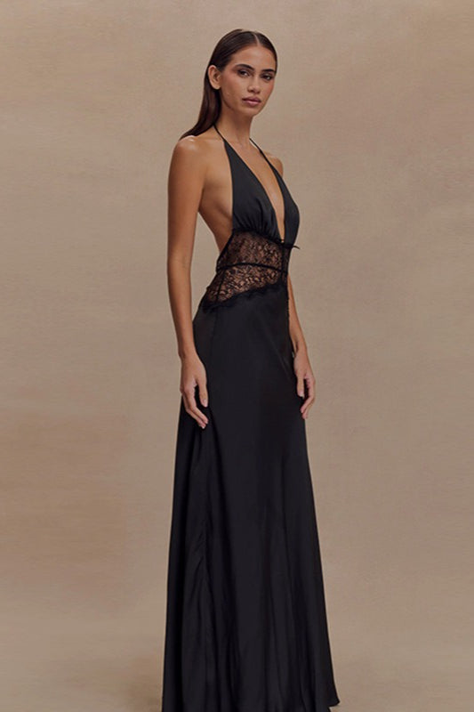 Satin Halter Deep V-Neck Lace Trim Backless Maxi Dress - View 2