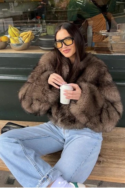 Brown Fluffy Faux Fur Coat - Fashionpara