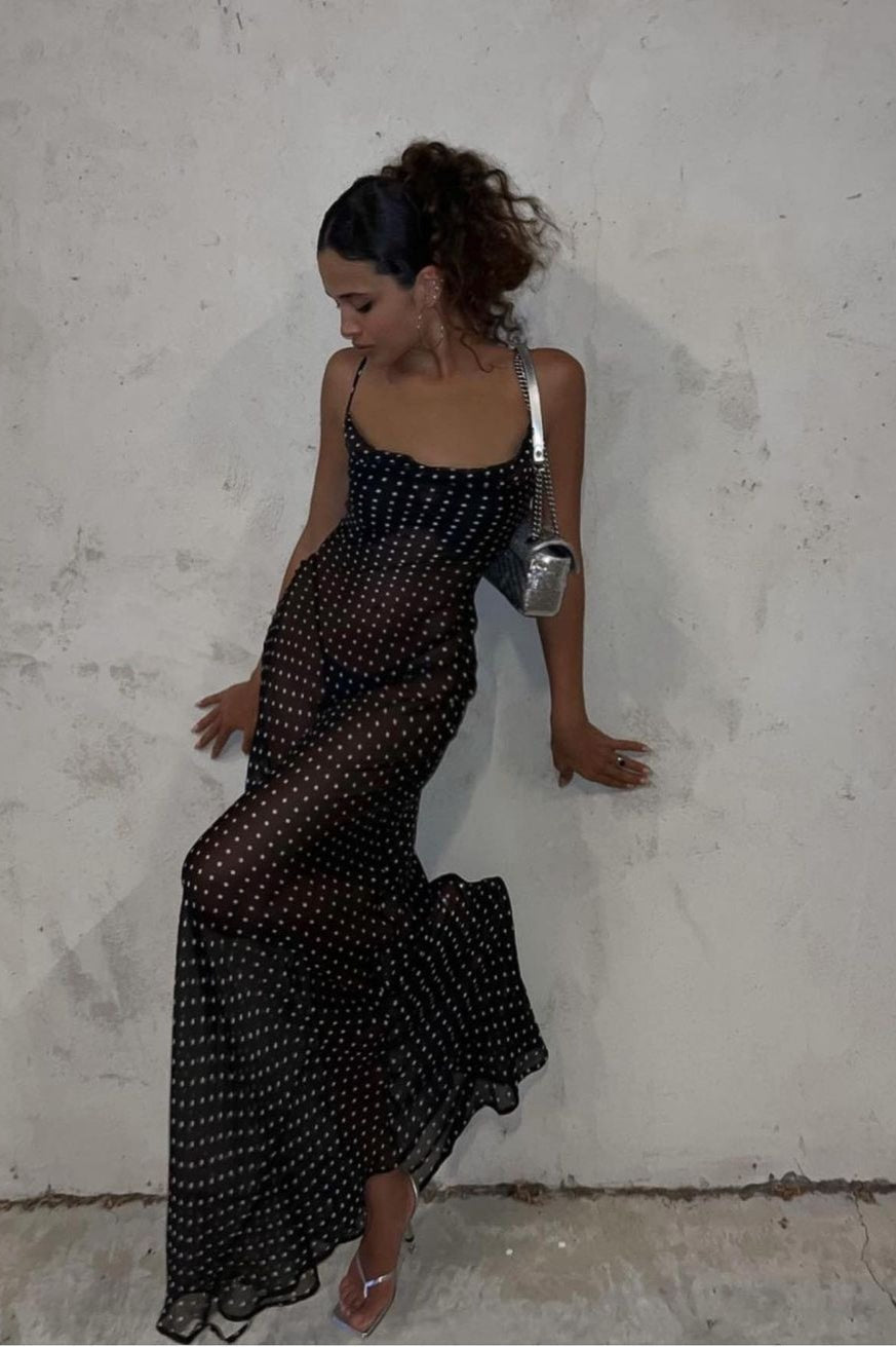 Polka Dot Cowl-Neck Spaghetti Strap Sheer Maxi Dress