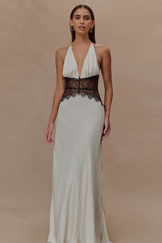 Satin Halter Deep V-Neck Lace Trim Backless Maxi Dress - View 4