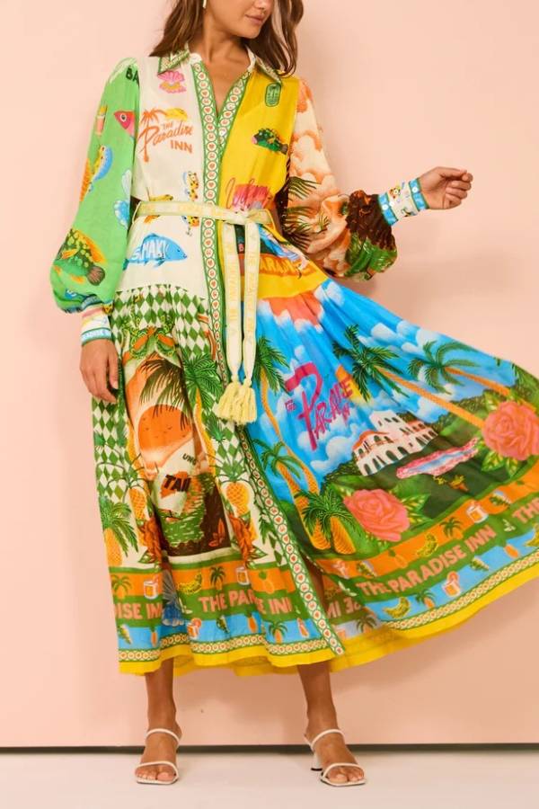 A World of Colour Unique Print Balloon Sleeve Belt Shirt Midi Dress - Fashionpara