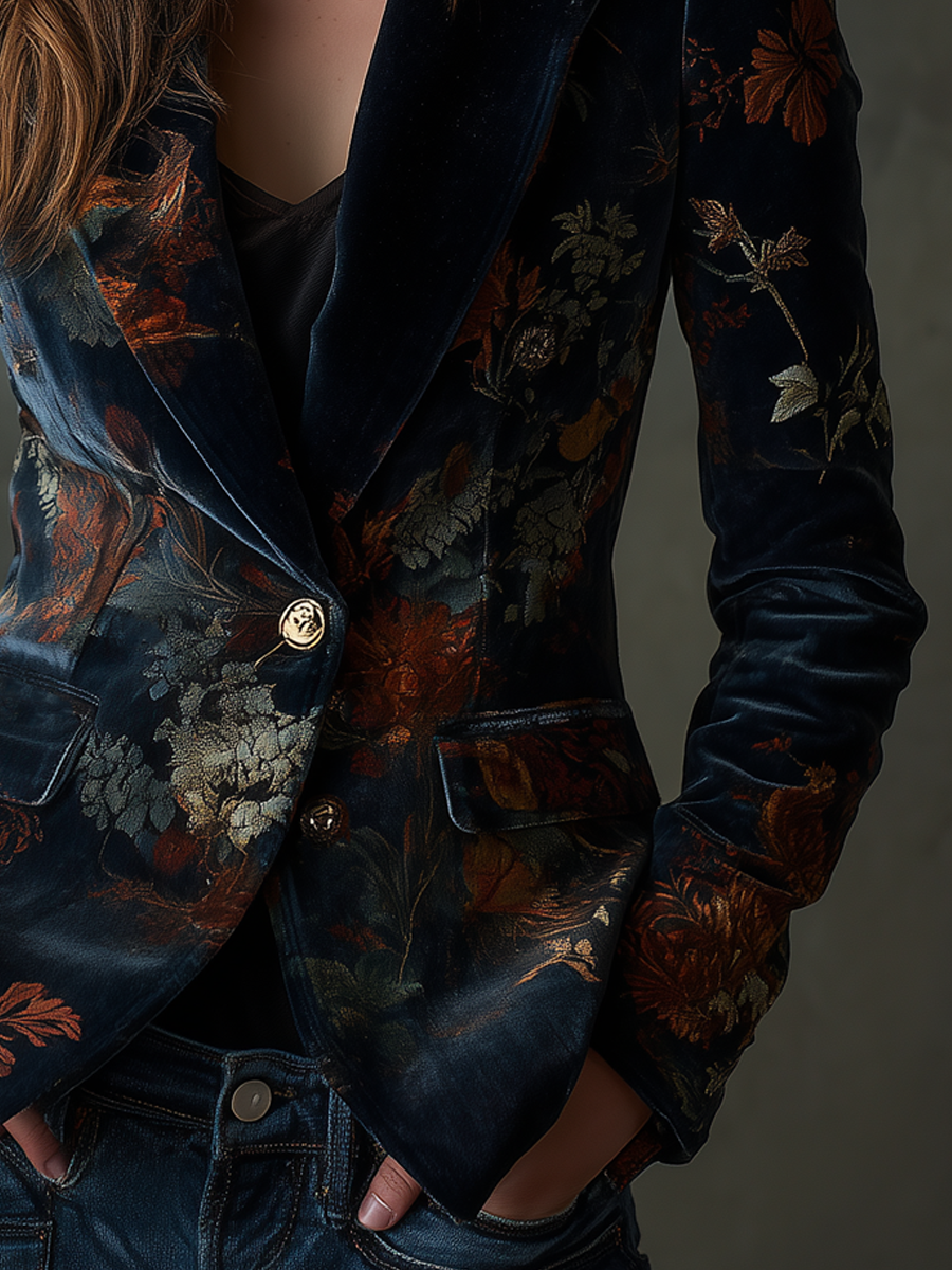 Floral Print Velvet Single Button Blazer 3