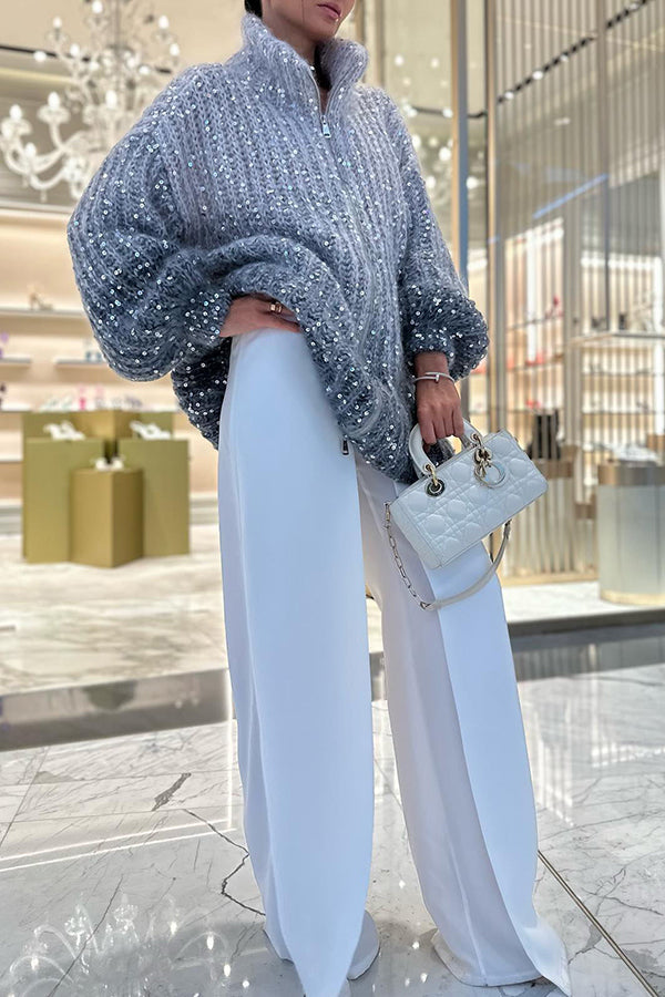 Chic Loose Knit Cardigan with Sequin Balloon Sleeves