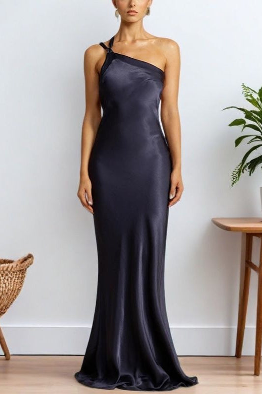 Satin One Shoulder Bias Cut Mermaid Gown - View 4
