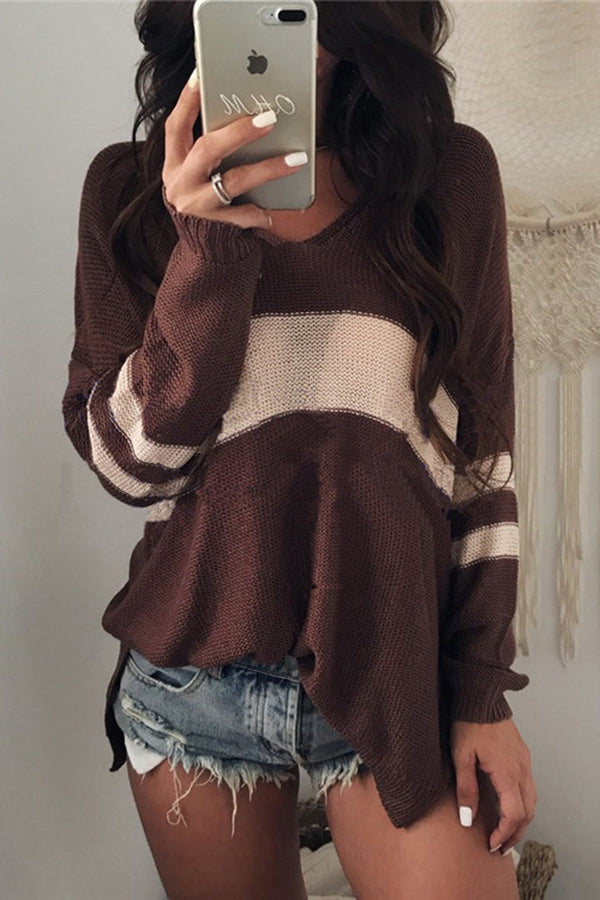 Chic V-neck Patchwork Knitted Sweater for Effortless Style