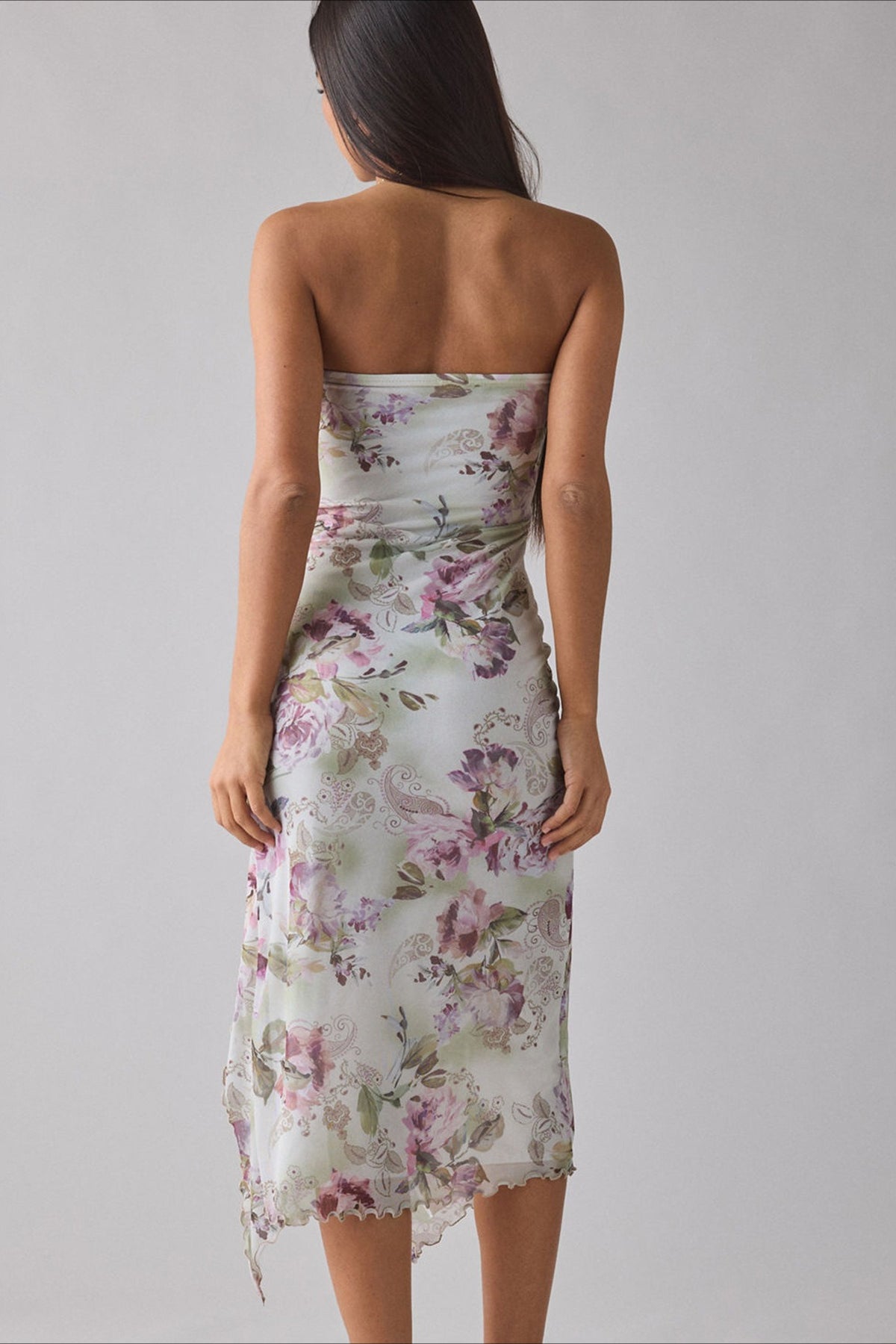 Gradient Print Mesh Strapless High Split Bias Midi Dress