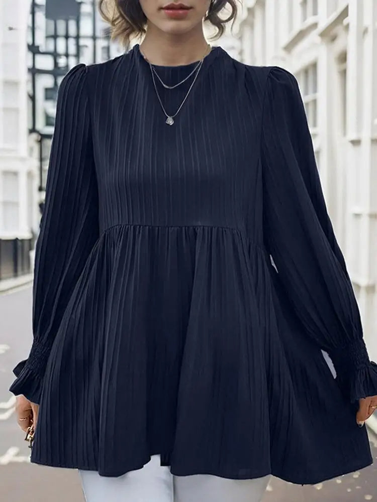 Lantern Long Sleeve Pleated Blouse Casual Blouse