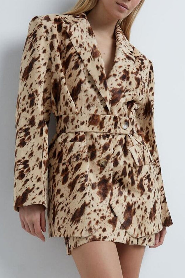 Brown Printed Long Sleeve Blazer Coat for Effortless Style