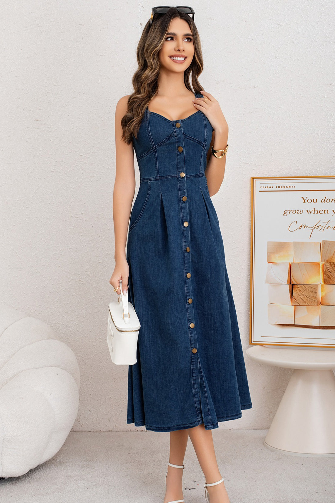 Washed Button Front Cami Denim Dress