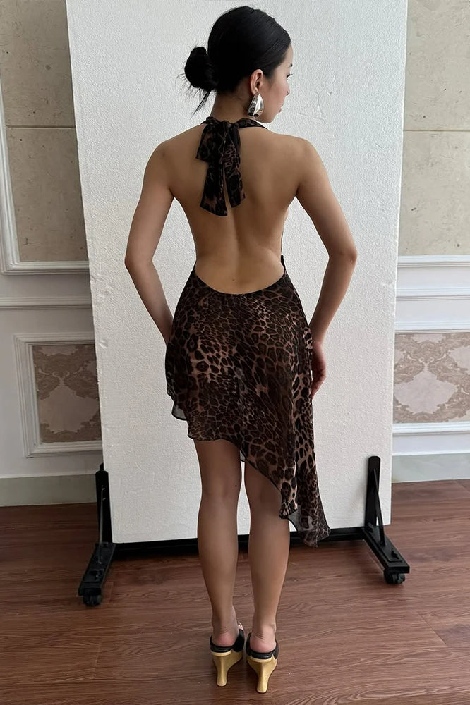 Animal Print Halter Neck Plunge Asymmetric Midi Dress