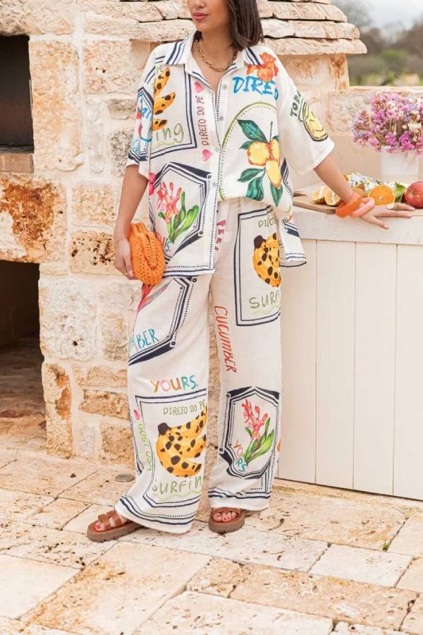 Summer Plant Fruit Print Casual Short Sleeve Shirt and Elastic Waist Loose Wide Leg Pants Set - Fashionpara