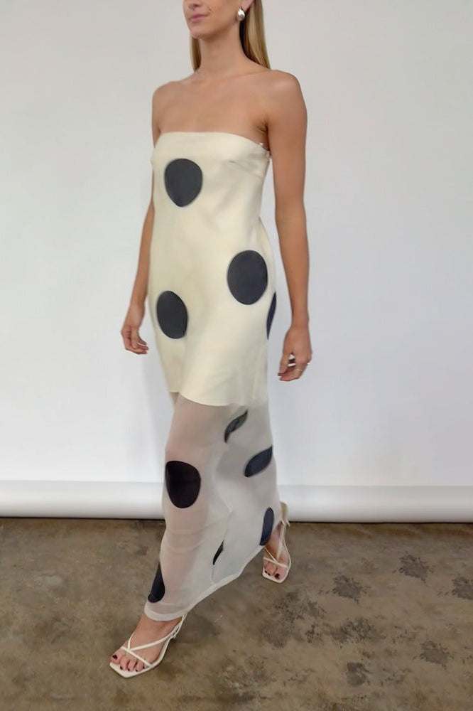 Oversized Polka Dot Strapless Sheer-Hem Maxi Dress