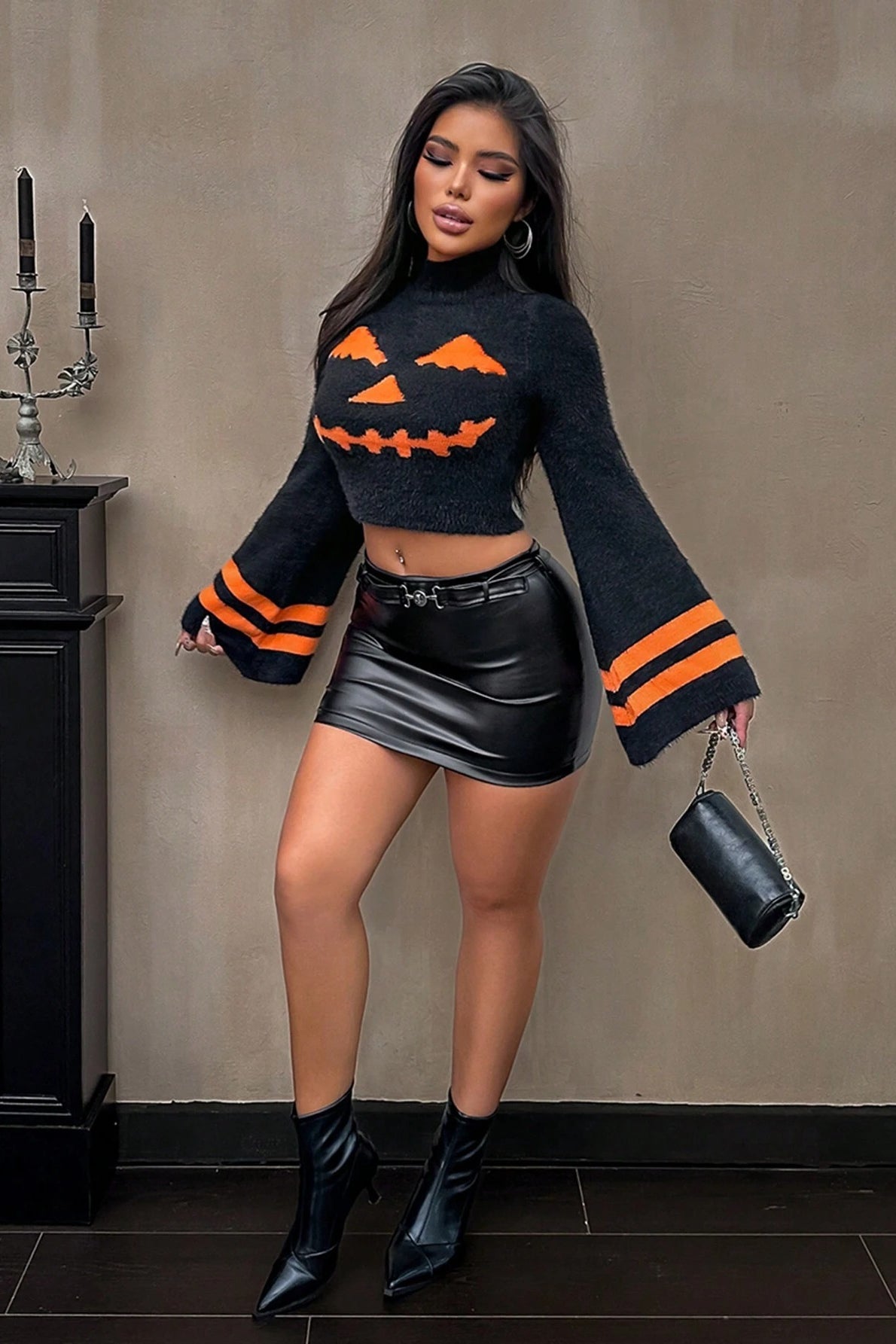 Striped Pumpkin Knit Crop Sweater for Effortless Style