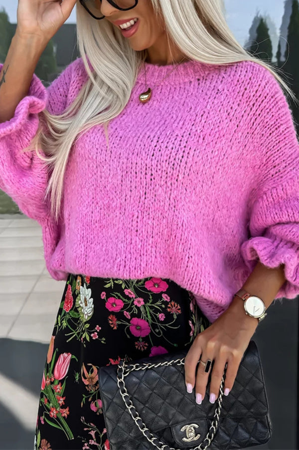 Solid Color Ruffled Long Sleeve Knitted Sweater for Women