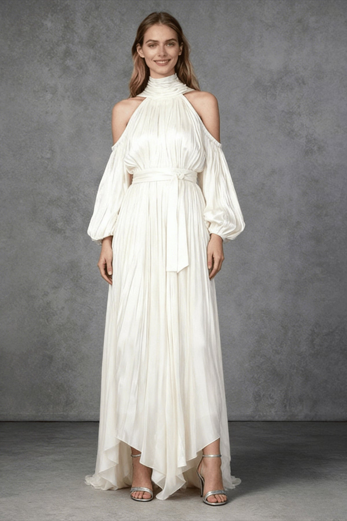 Satin High-Neck Cold-Shoulder Bishop-Sleeve Pleated Maxi Dress