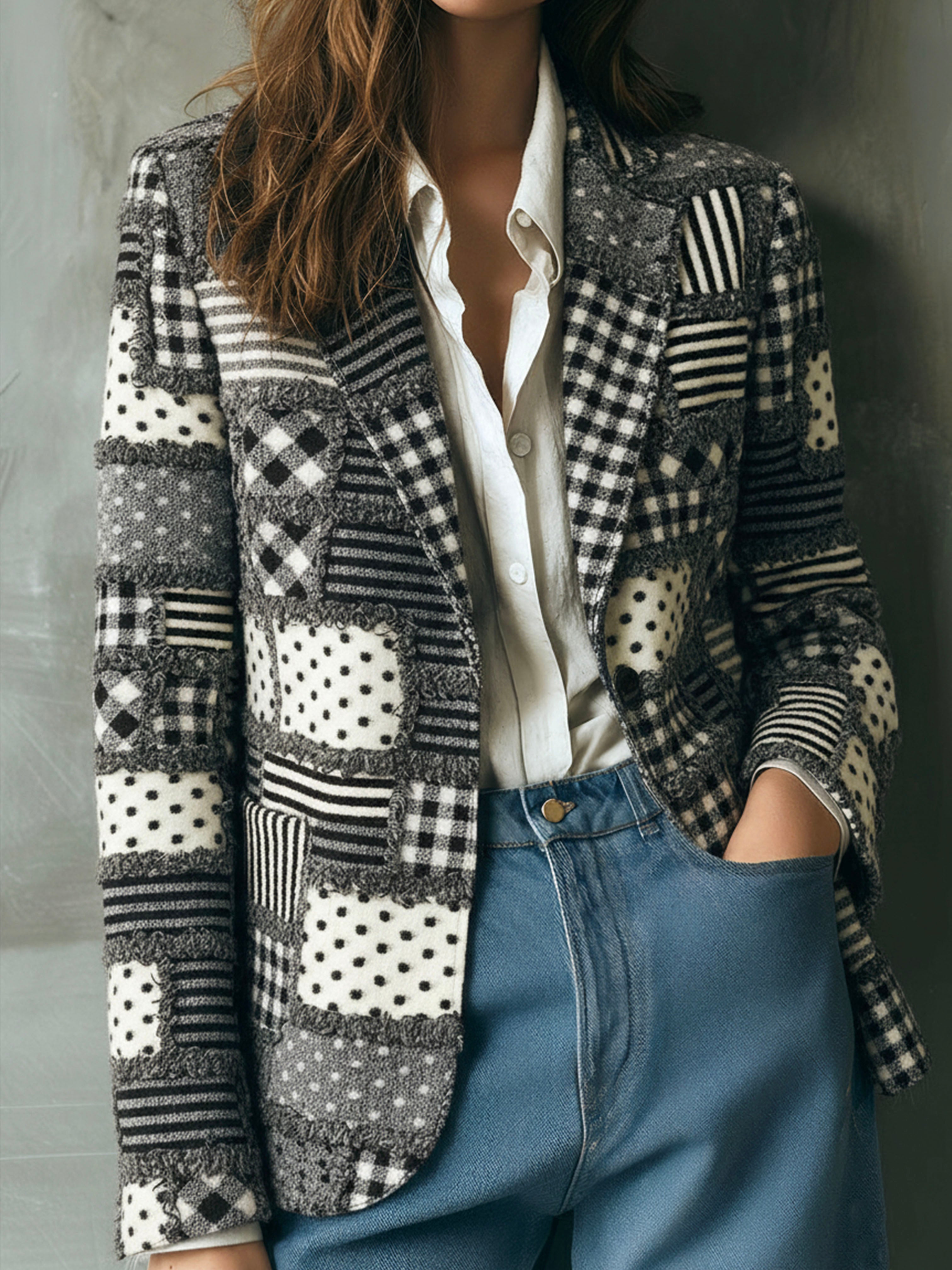 Vintage Plaid And Polka Dot Pattern Patchwork Wool Blazer - Fashionpara