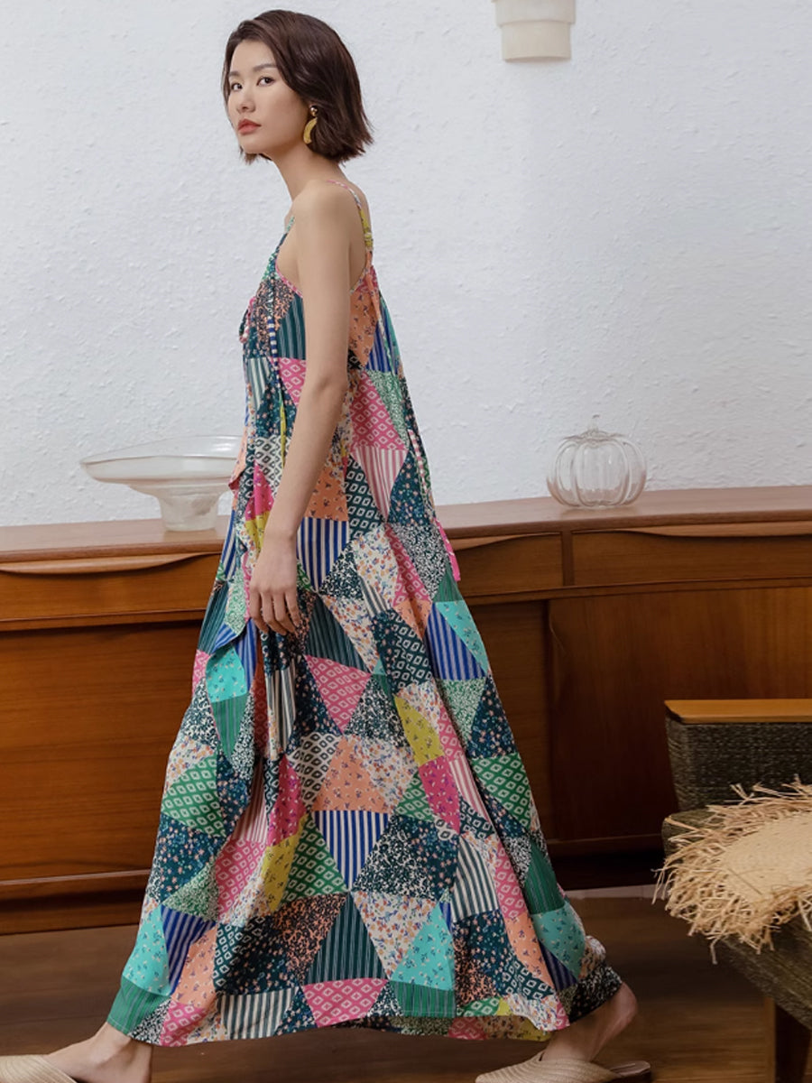 Spaghetti Strap V-Neck Patchwork Triangle Print Ruffle Maxi Dress - View 5