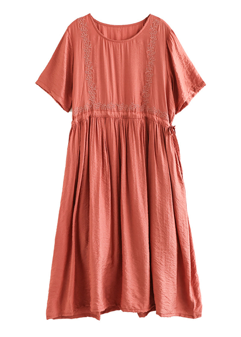 Embroidered Panel Round Neck Short Sleeve Gathered Midi Dress - View 5