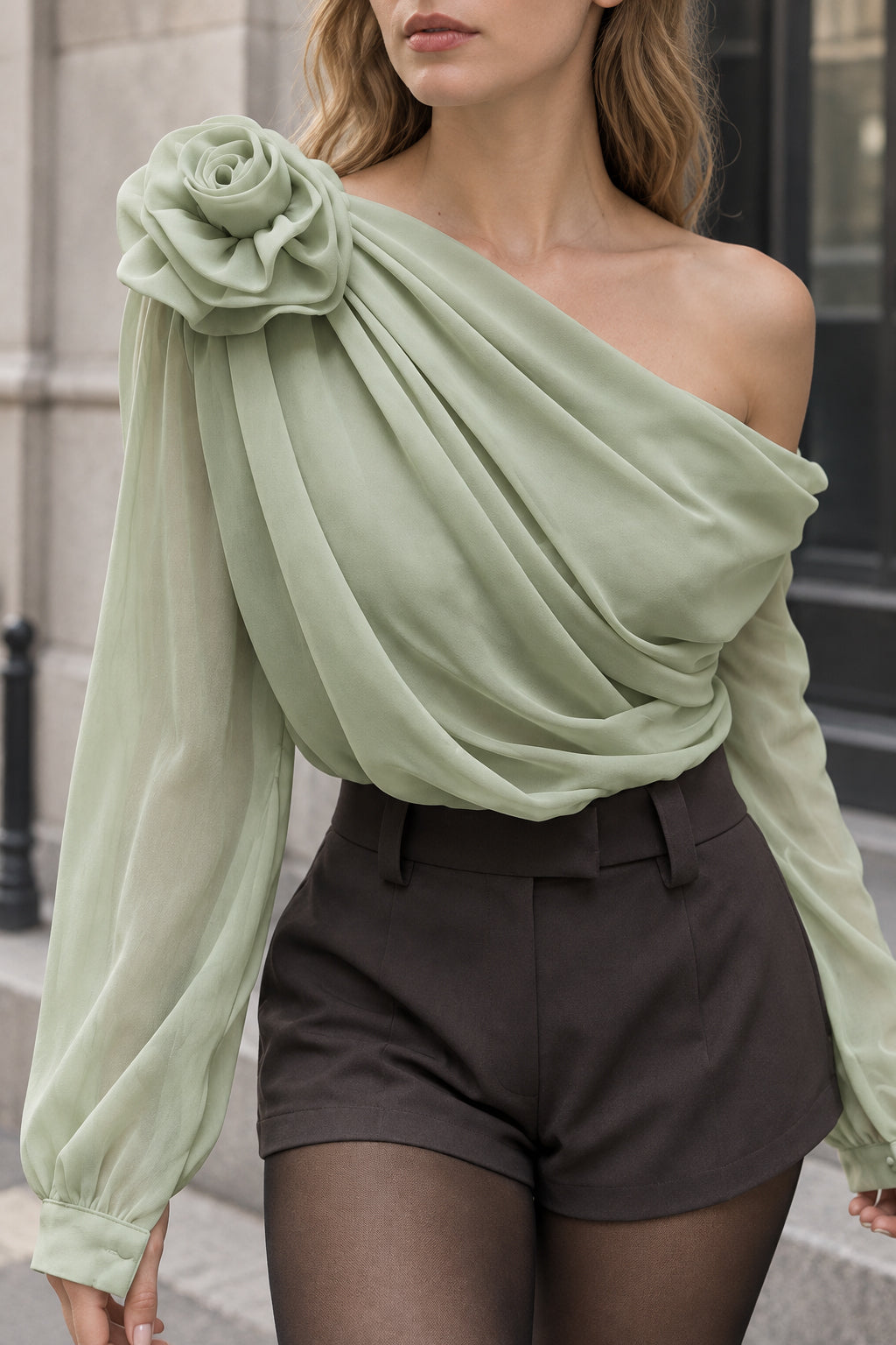 Chiffon Semi-sheer One Trendy Shoulder Asymmetrical Top
