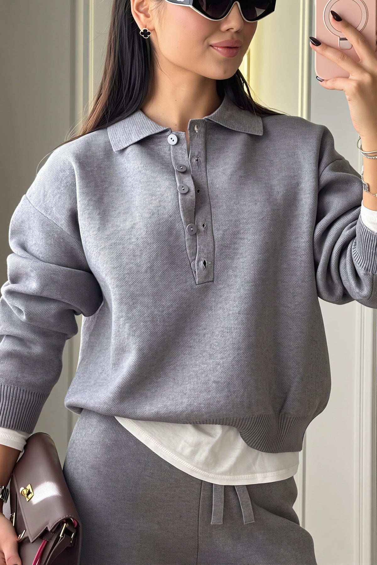 Knit Polo Pullover and Wide Leg Pants Set