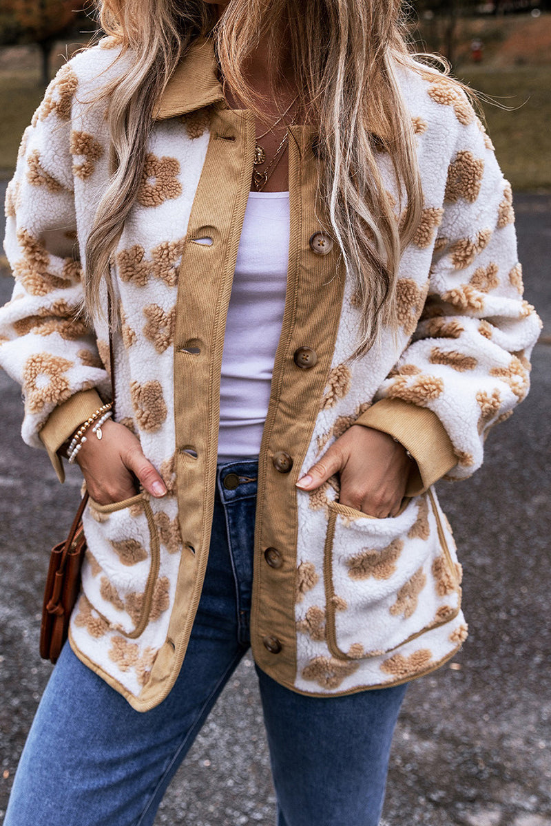 Leopard Print Fleece Long Sleeve Coat with Stylish Lapel
