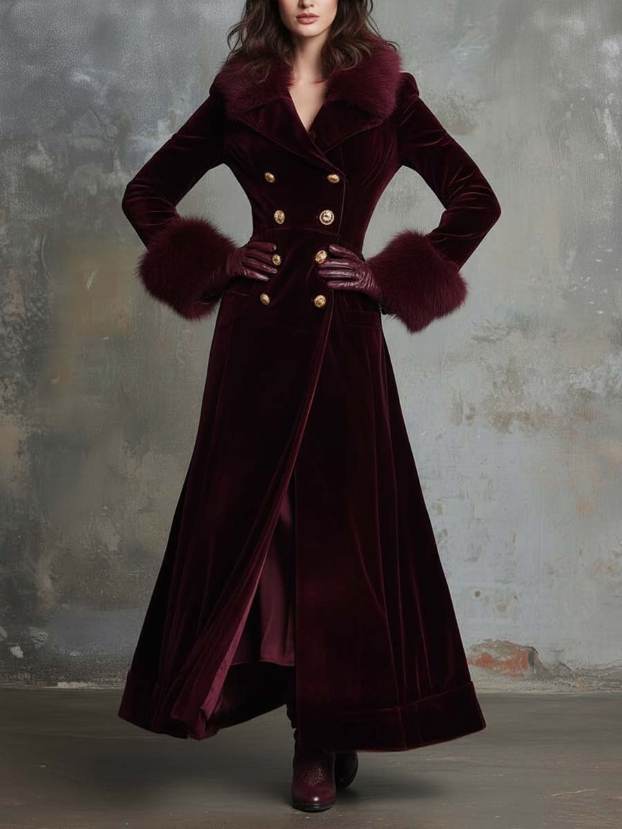 Velvet Long Coat With Faux Fur Collar & Cuffs – Burgundy Wine