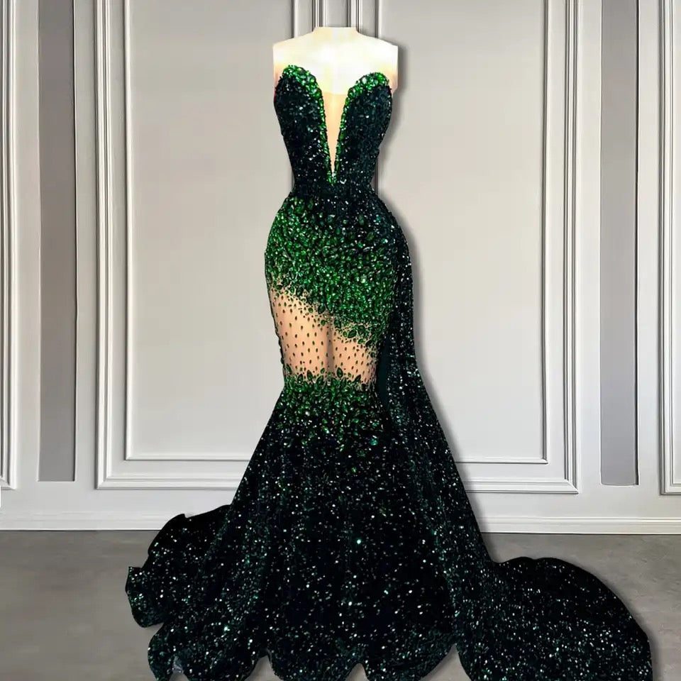 Glamorous V-Neck Sequins Prom Dresses Mermaid Sleeveless Crystal - Fashionpara