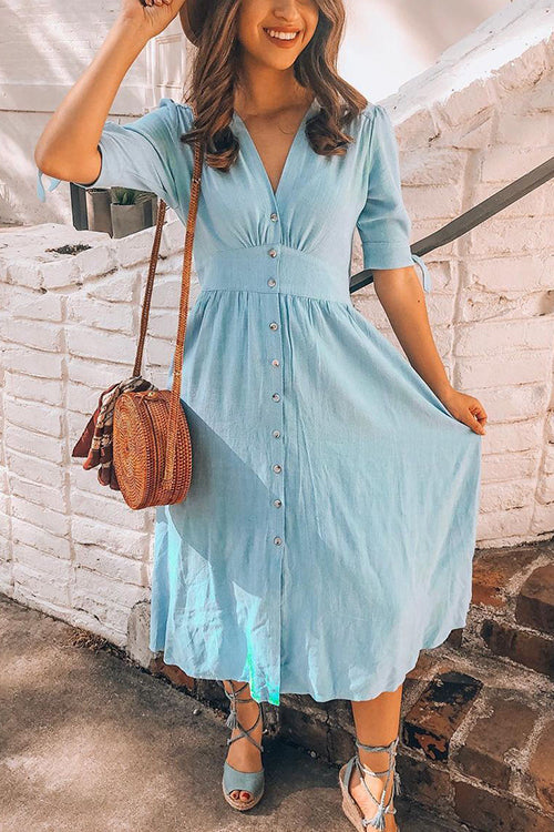 Deep V-Neck Puff Sleeve Tie Cuff Button Front A-Line Midi Dress - View 10