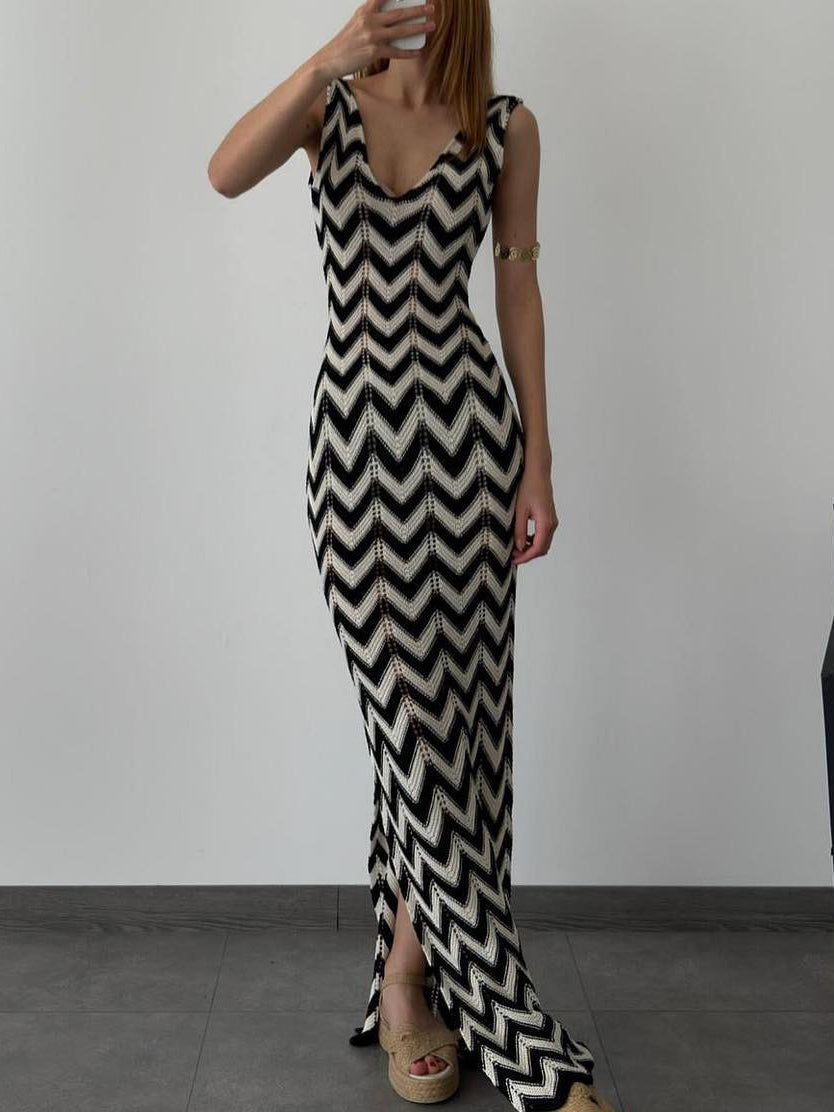 Summer V-Neck Striped Crochet Slit Sexy Maxi Dress - Fashionpara