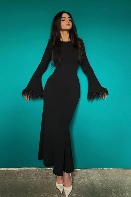 Feather Trim Bodycon Maxi Sweater Dress - View 5