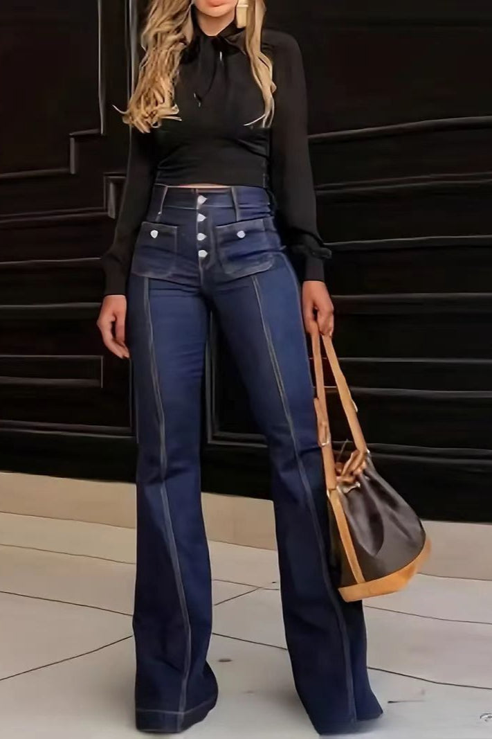 High Waist Button Front Patchwork Slim Kick Flare Jeans