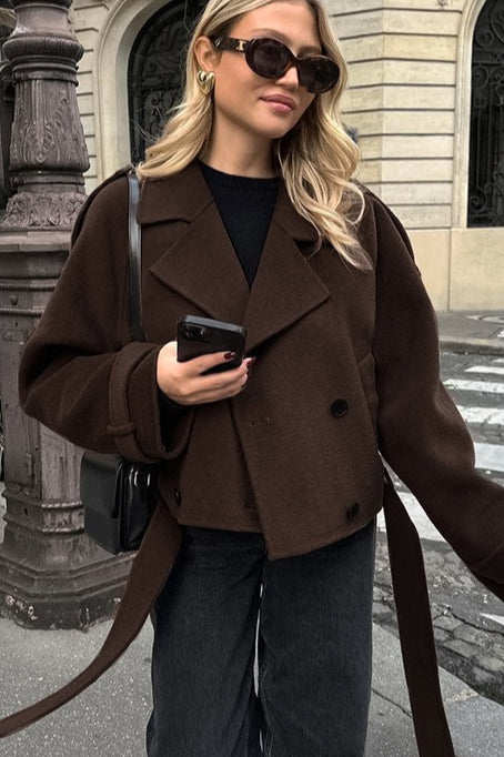 Notch Collar Double-Breasted Wool Blend Chic Trench Coat