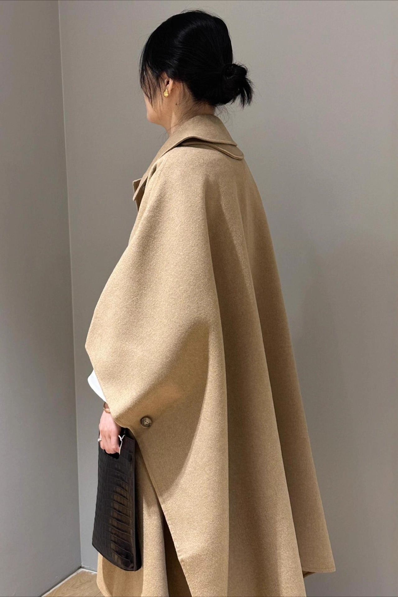 Beige Lapel Double Faced Wool Blend Cape Convertible Overcoat