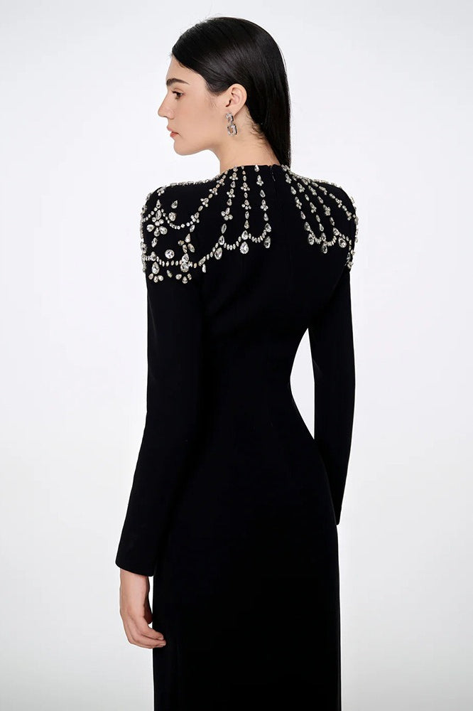 Elegant Square Neck Rhinestone Long Sleeve Bandage Cocktail Dress - View 2