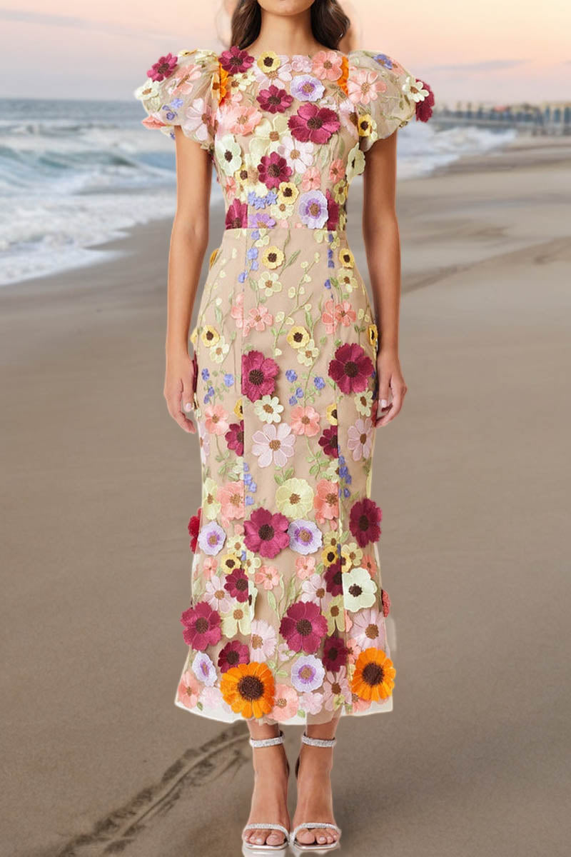 3D Lace Flower Crew Neck Puff Sleeve Midi Dress - Fashionpara