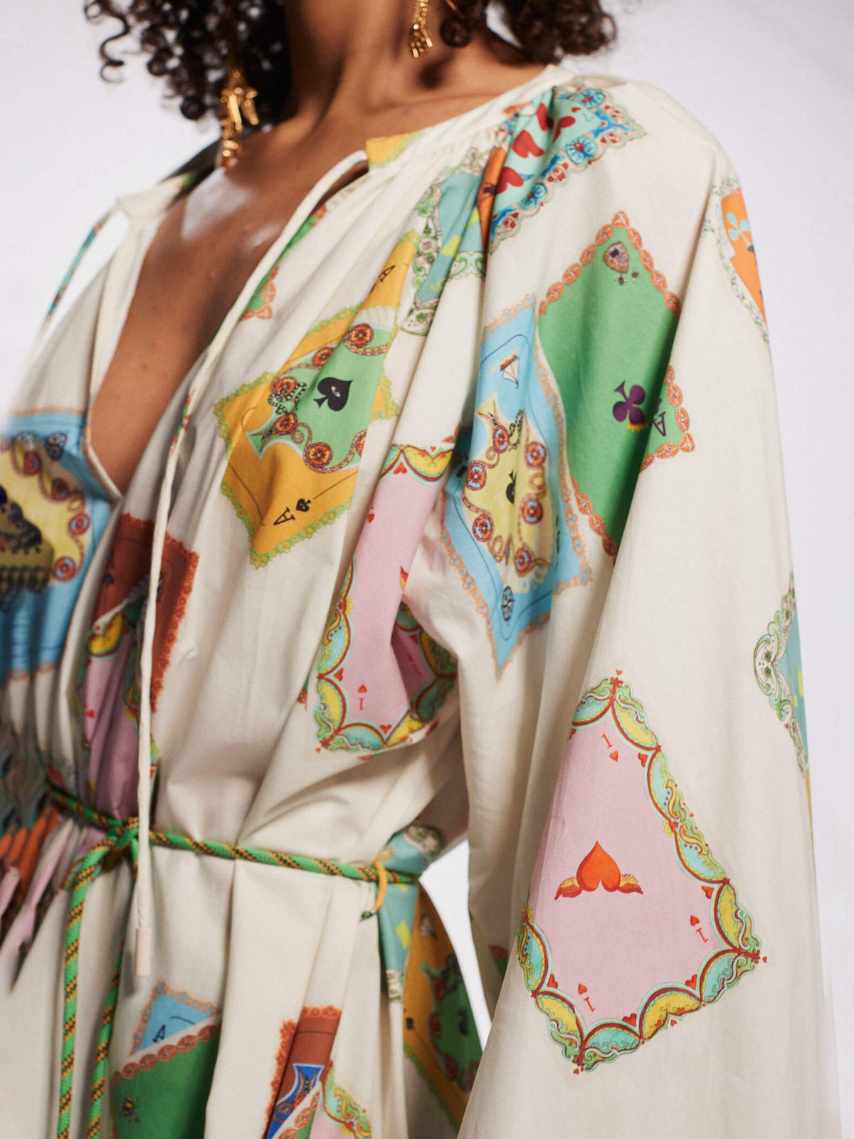 Playing Card Print V-Neck Long Sleeve Mini Dress