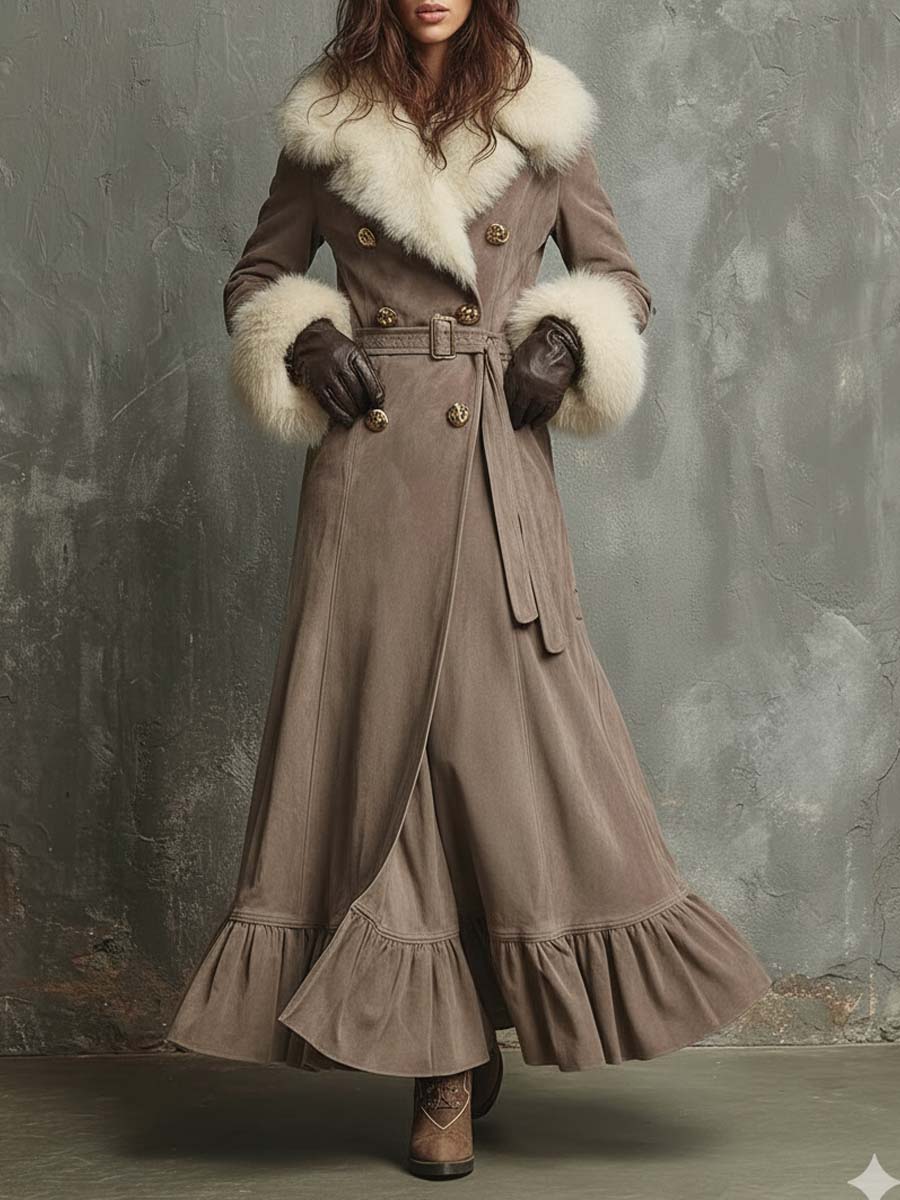 Long Suede Trench Coat With Faux Fur Collar & Cuffs – Mocha Taupe