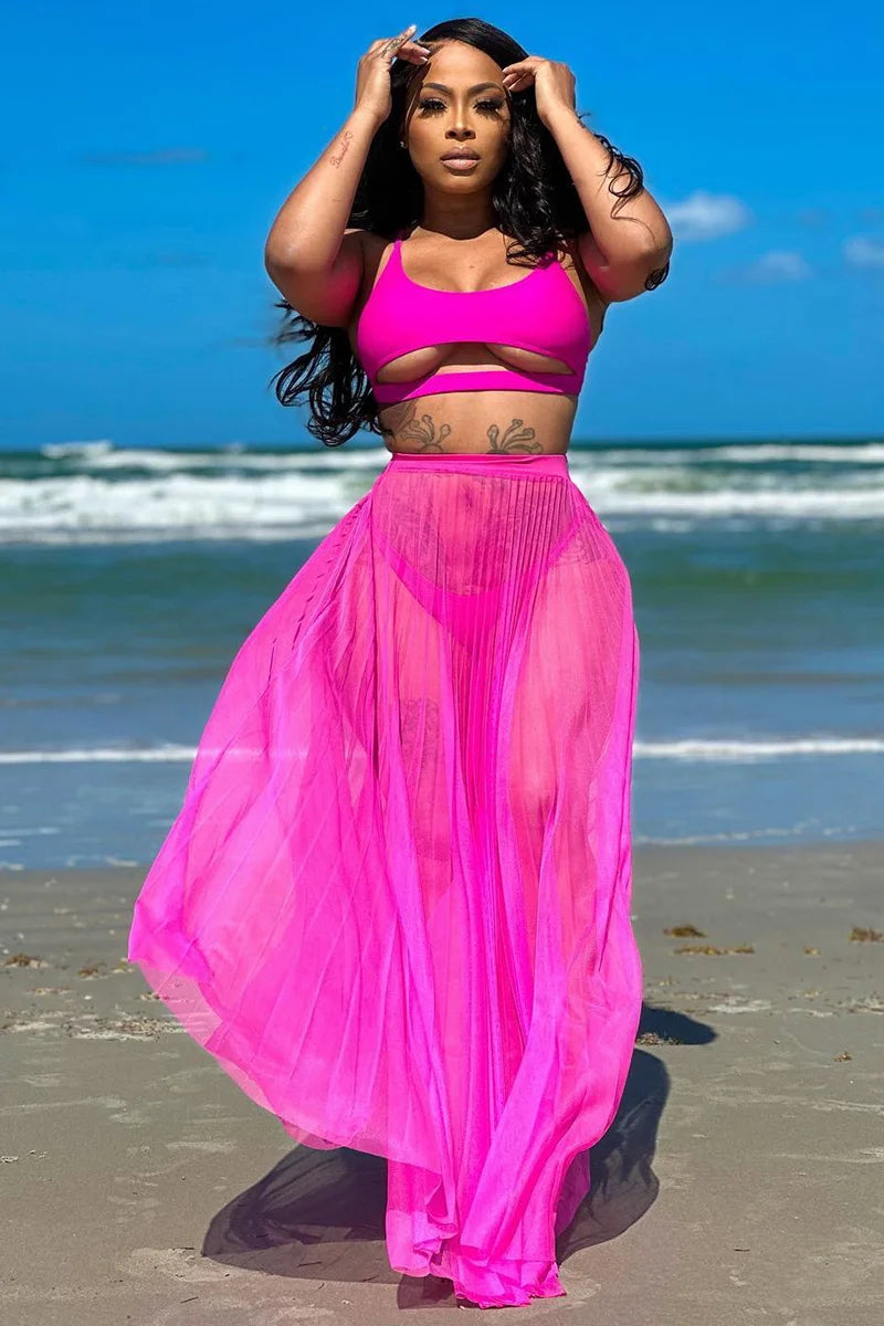 CUTOUT CROP TOP SHEER MAXI SKIRT COVER UPS THREE PIECE BIKINI SET [PRE ORDER] - Fashionpara